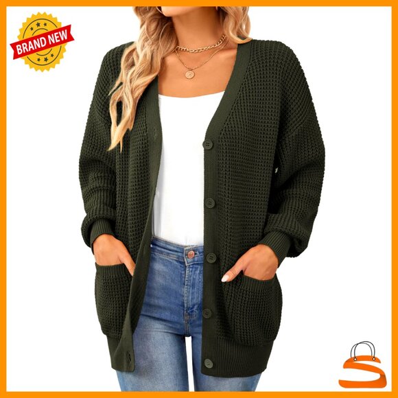 Oversized Cotton Cardigan Sweater Button-Down Knit with Pockets Fall Winter
